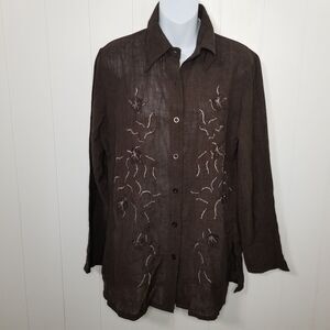 Women's Top Blouse Size Medium Brown Embroidered Long Sleeve New